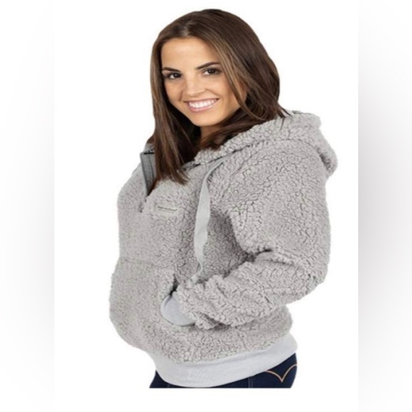 Simply Southern Pullover Preppy Sherpa Gray Hooded Pull over Large - Picture 2 of 9